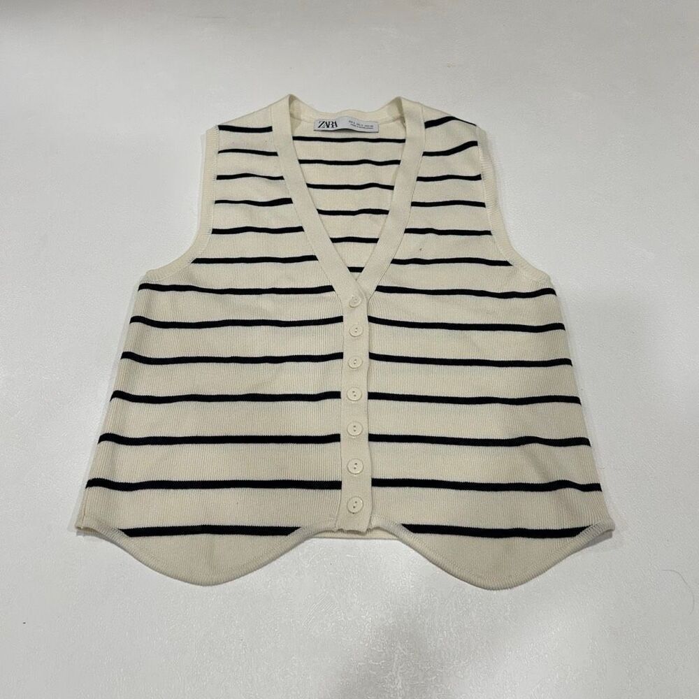 ZARA Striped Knit Button Front Sweater Vest Size Small Cream Navy